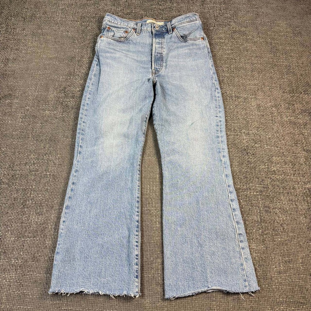 Levis Ribcage Crop Flare Jeans Womens 28 Light Blue High Rise Raw Hem